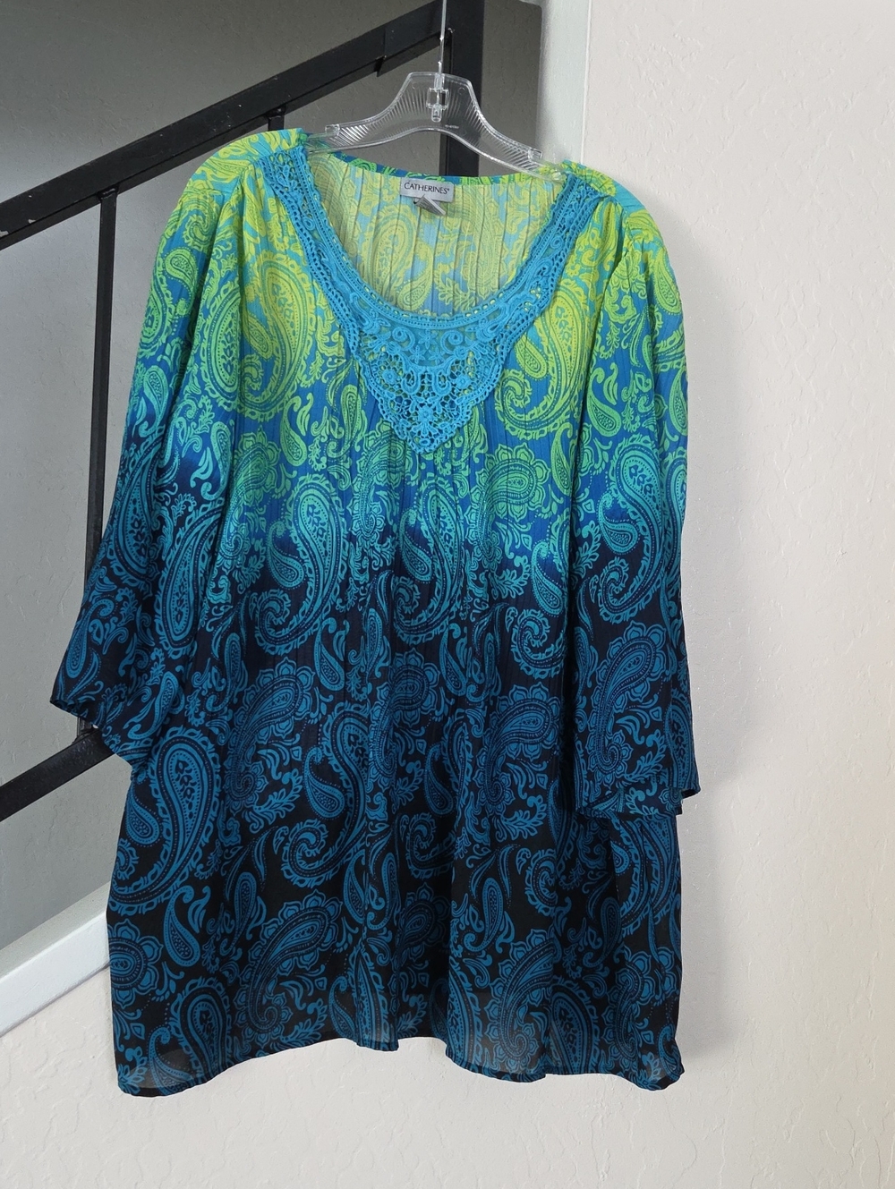Catherines Lime to Teal Paisley Tunic with Crochet Yoke Size 1x